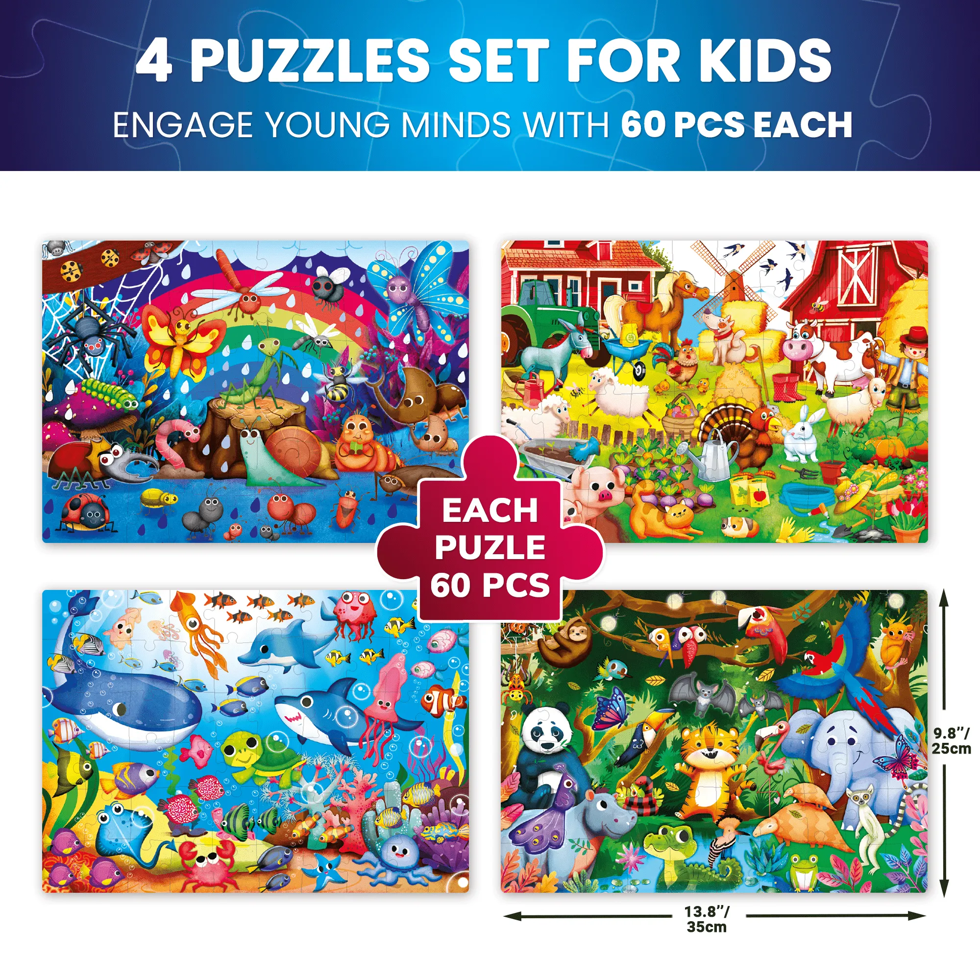 60 Piece Glow in the Dark Puzzles for Kids | Animals
