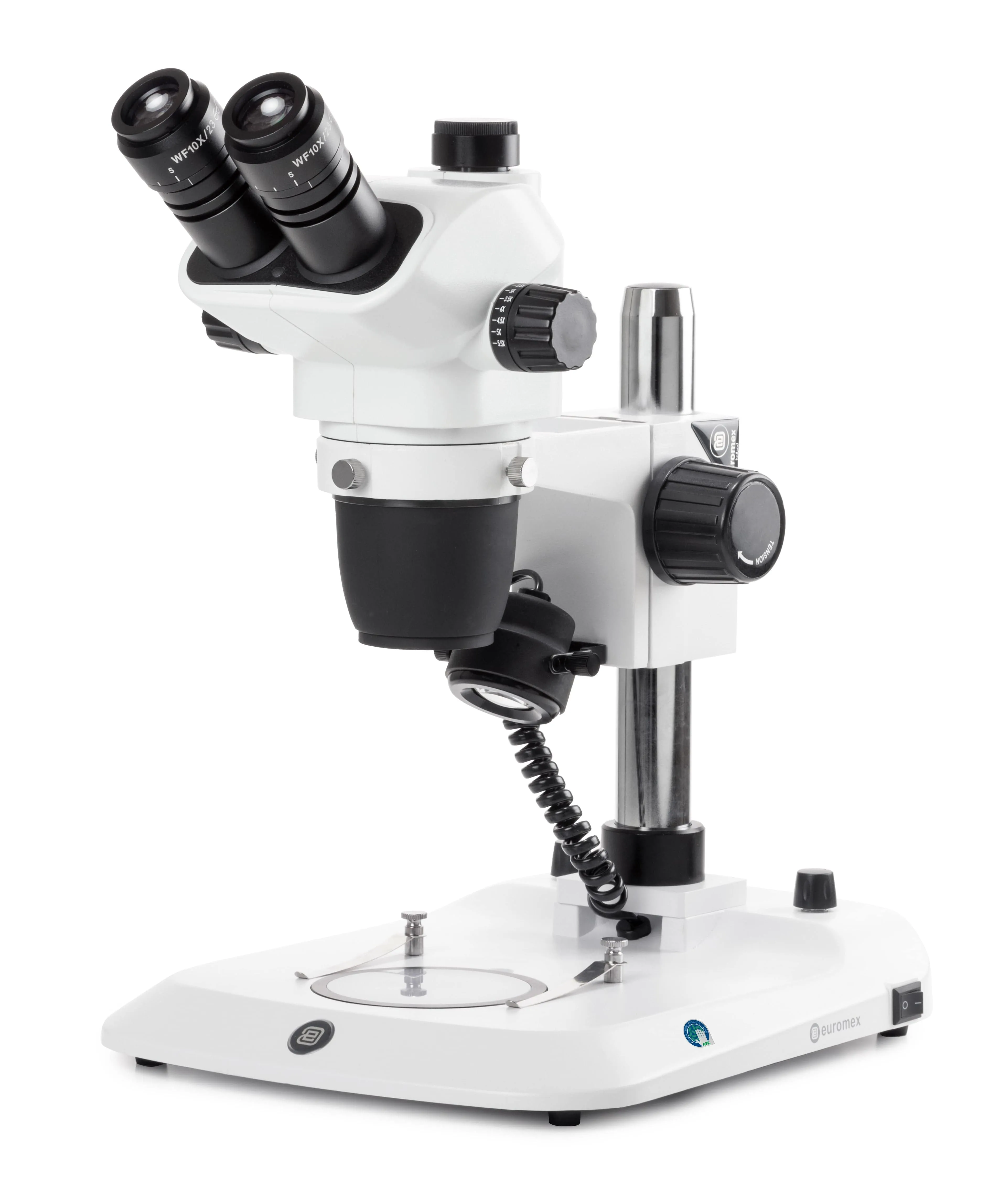 Euromex NexiusZoom Series High-Precision Zoom EVO Trinocular Stereo Microscope 6.5X-55X Magnification on Pillar Stand w/3W LED Incident & Transmitted Illumination